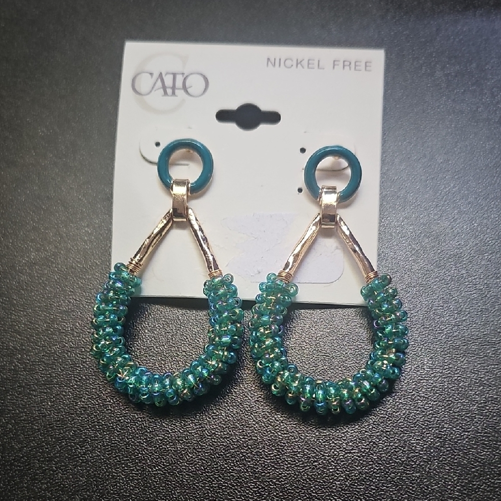 CATO Teal and Gold Beaded Hoop Drop Earrings
